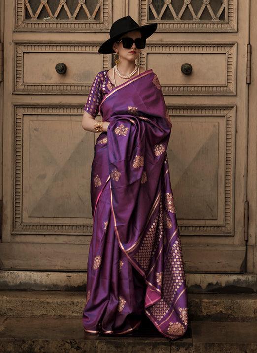 Purple Pure Satin Handloom Weaved Saree from Paris Edition Cheap Sale Huge Surprise