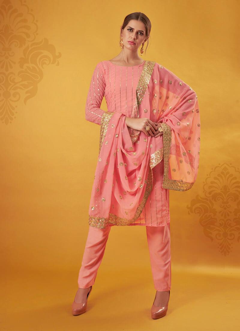 Marvellous Peach Colored Georgette Base Pant style Suit With Zari Cheap Manchester Great Sale