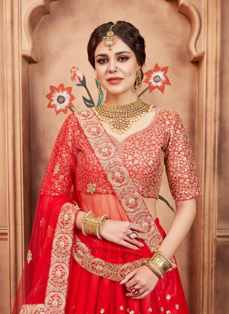 Party Wear Red Color Designer Soft Net Base Lehenga Choli From China