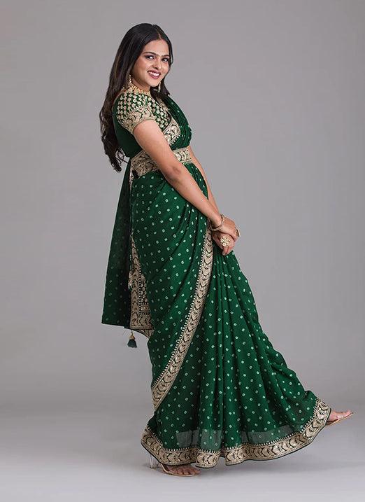 Bottle Green Color Printed Georgette Saree with Zari and Dori Work Cheap Browse