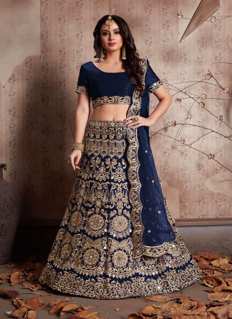 Navy Blue Machine Embroidery Lehenga Choli With Mirror Work Newest Online