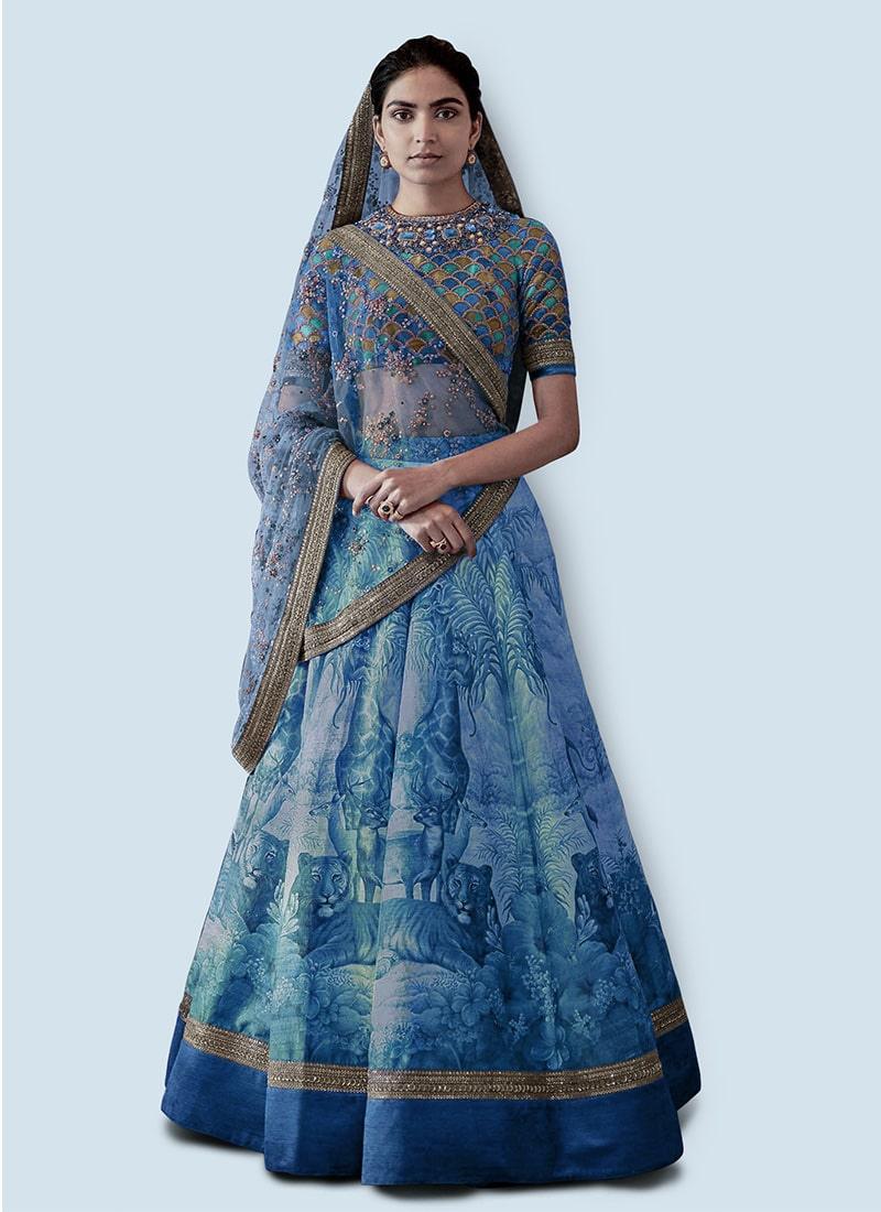 Glamours Blue Wedding Wear Digital-painted and embroidered Lehenga Choli Discount Great Deals