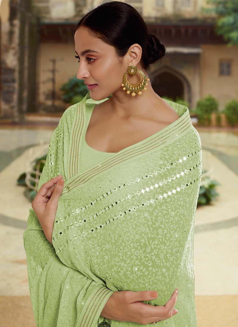 Delightful Green Color Georgette Base Heavy Work Designer Saree Cheap Pices Authentic