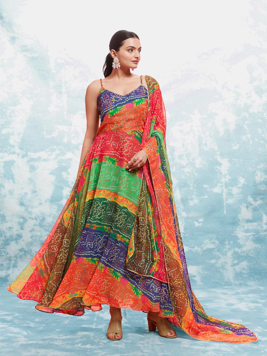 Multi color bandhani print gown with dupatta Buy Cheap Pay With Paypal