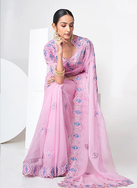 Baby Pink Organza Based Embroidered Saree Cheapest For Sale