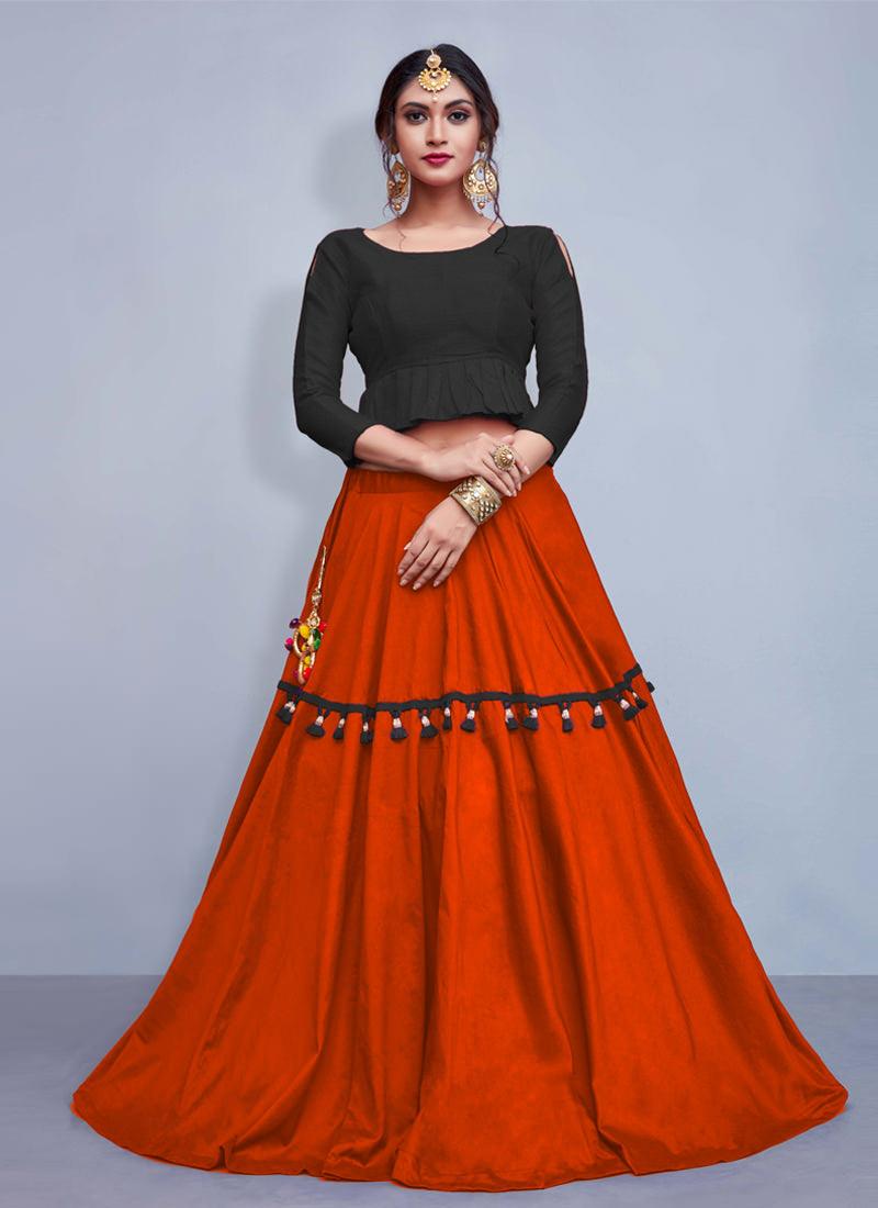 Elegance Black Crop Top With Tassels Decorated Orange Skirt Discount Cost