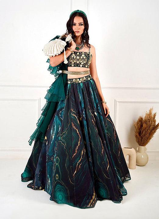 Green Organza Lehenga Choli with Digital Print Dori and Zari Work Free Shipping Release Dates