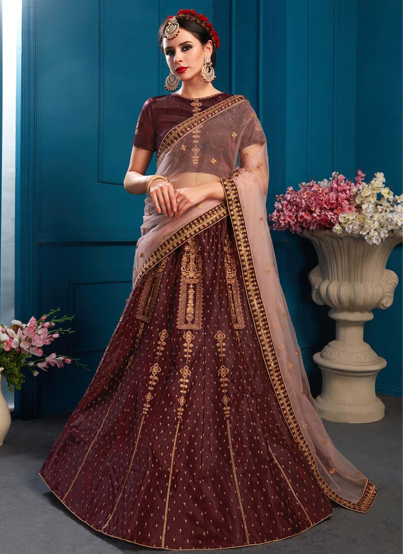 Wonderful Brown Color Satin Base Embroidered Lehenga Choli Buy Online