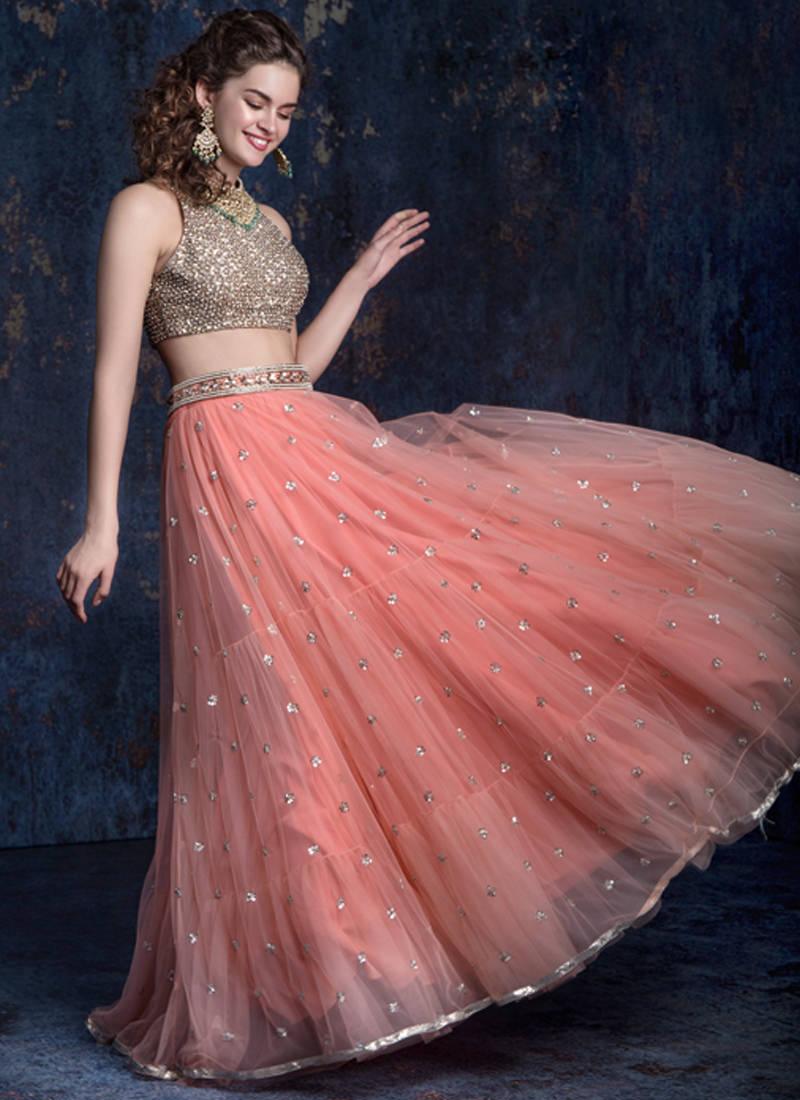 Peach Sequin Partywear Soft Net Lehenga Choli Sale Discount