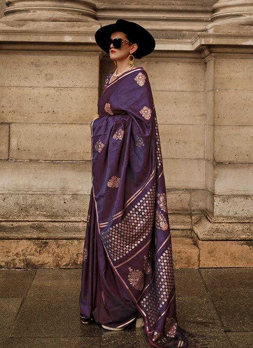 Dark Purple Pure Satin Handloom Weaved Saree from Paris Edition Purchase Cheap Pice