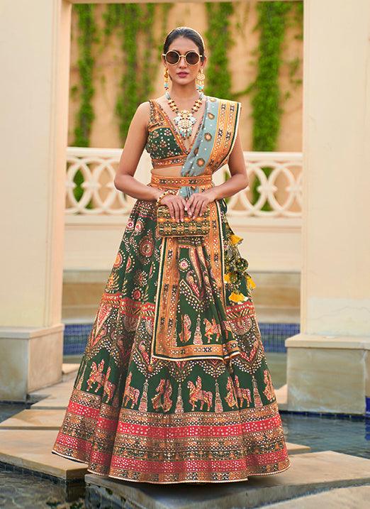 Rajwadi Silk Sparkle & Mirror Work Green Lehenga Choli Release Dates Cheap Online