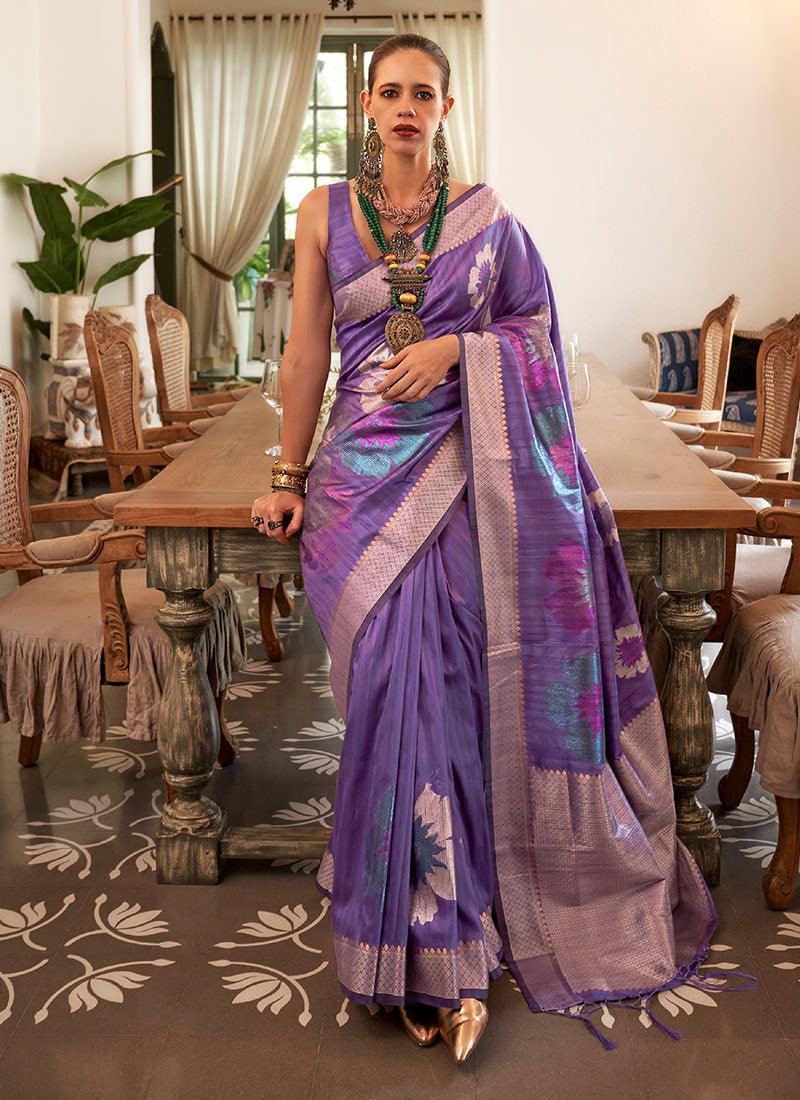 Multi-Colored Sequins Work Purple Silk Saree Free Shipping For Sale