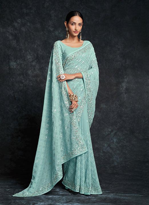 Blue Color Heavy Embroidered Saree Sale With Paypal