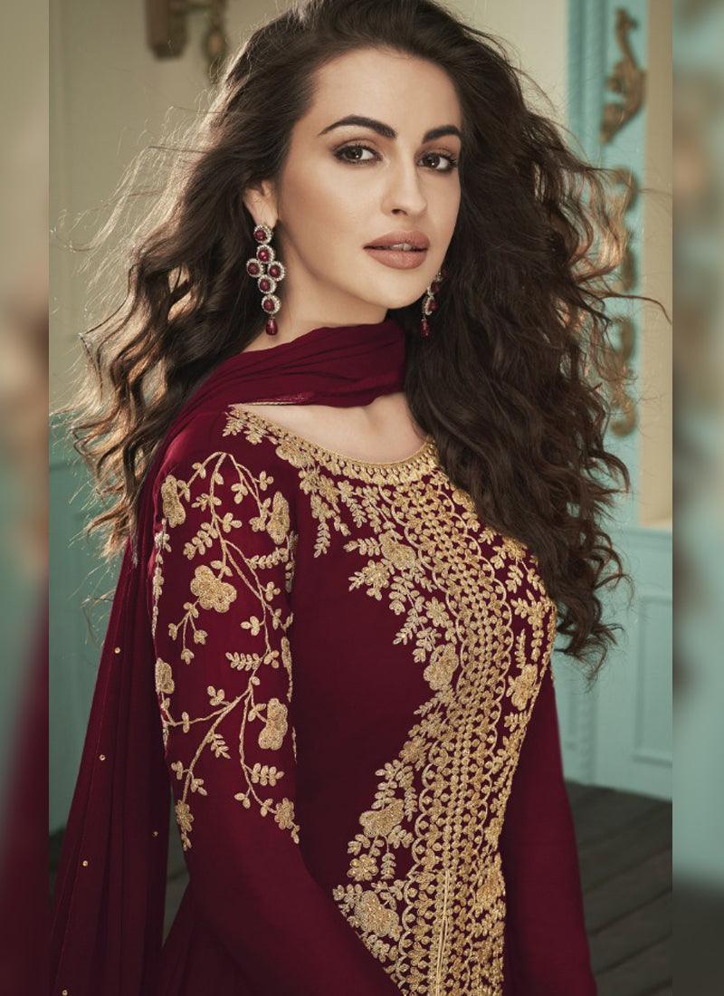 Maroon Stone and Zari work Georgette Slit Cut Suit Collections Online