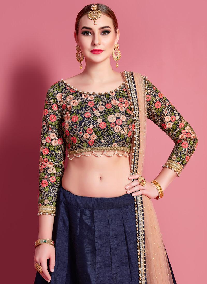 Amusing Navy Blue Heavily Embellished Flared Lehenga Choli Sale Enjoy