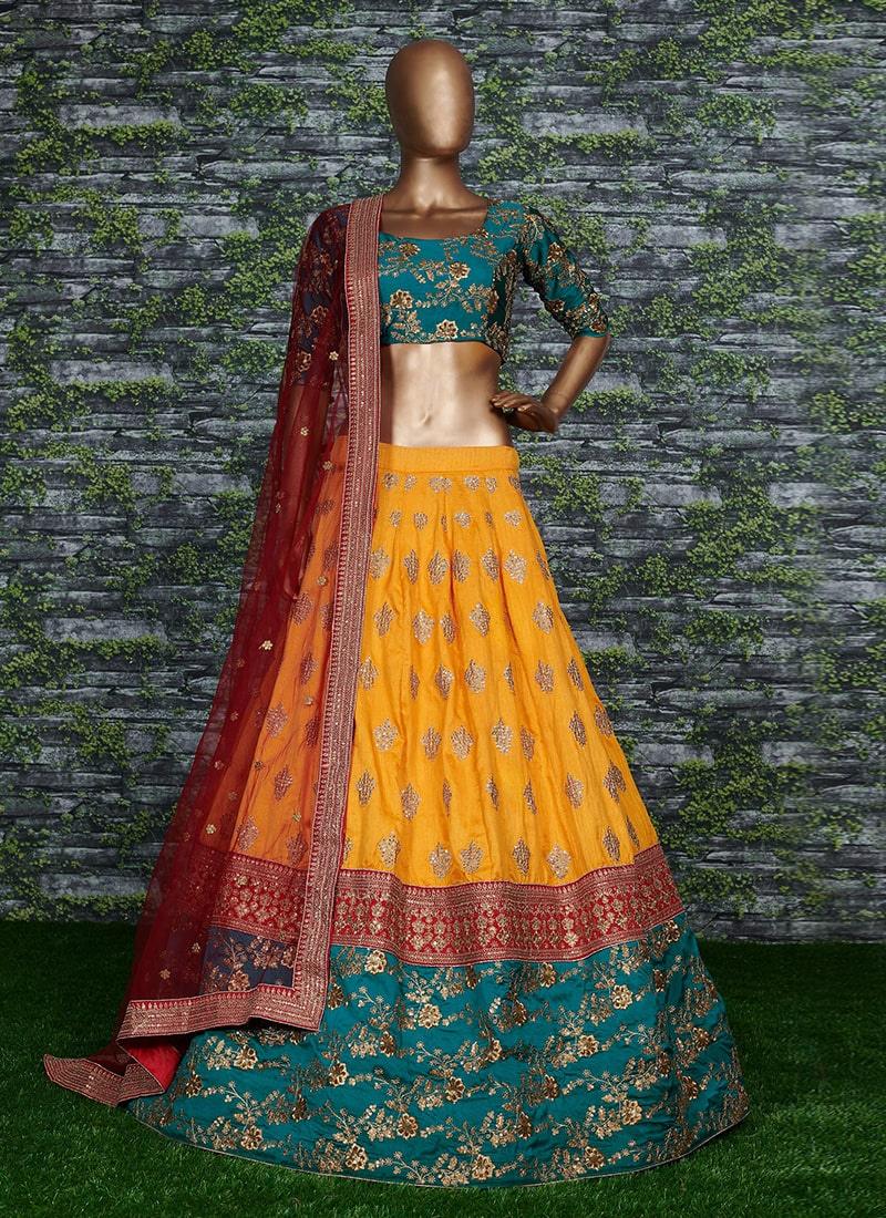 Pure Chennai Silk Yellow And Teal Green Lehenga Choli Cheap Sale Explore