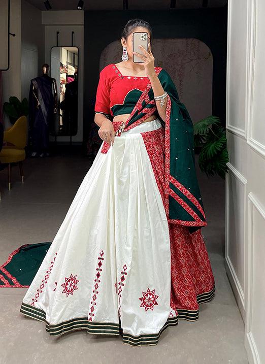 Red & White Original Mirror Work Pure Cotton Navratri Lehenga Choli Free Shipping Shop Offer