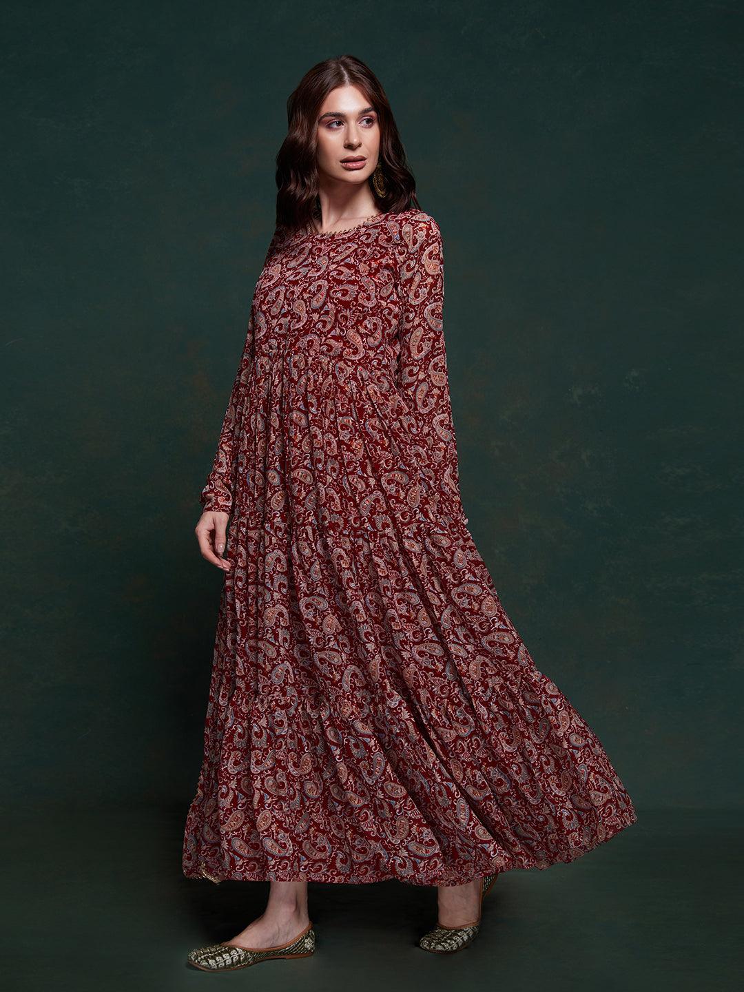 Maroon Georgette Gown Dress with Printed Design Cheap Sale Tumblr