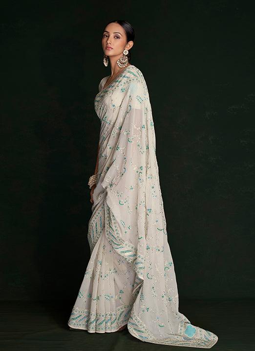 Lovable White Georgette Saree with Lucknowi Embroidery Free Shipping For Sale