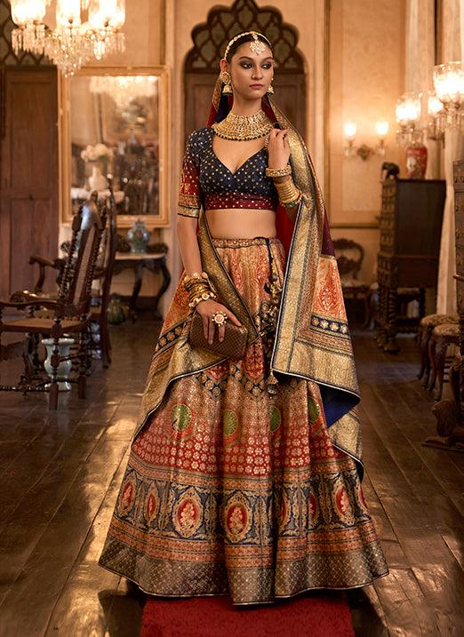 Red & Navy Blue Bridal Lehenga Choli with Sparkle Mirror Work in Rajwadi Silk Buy Cheap Best