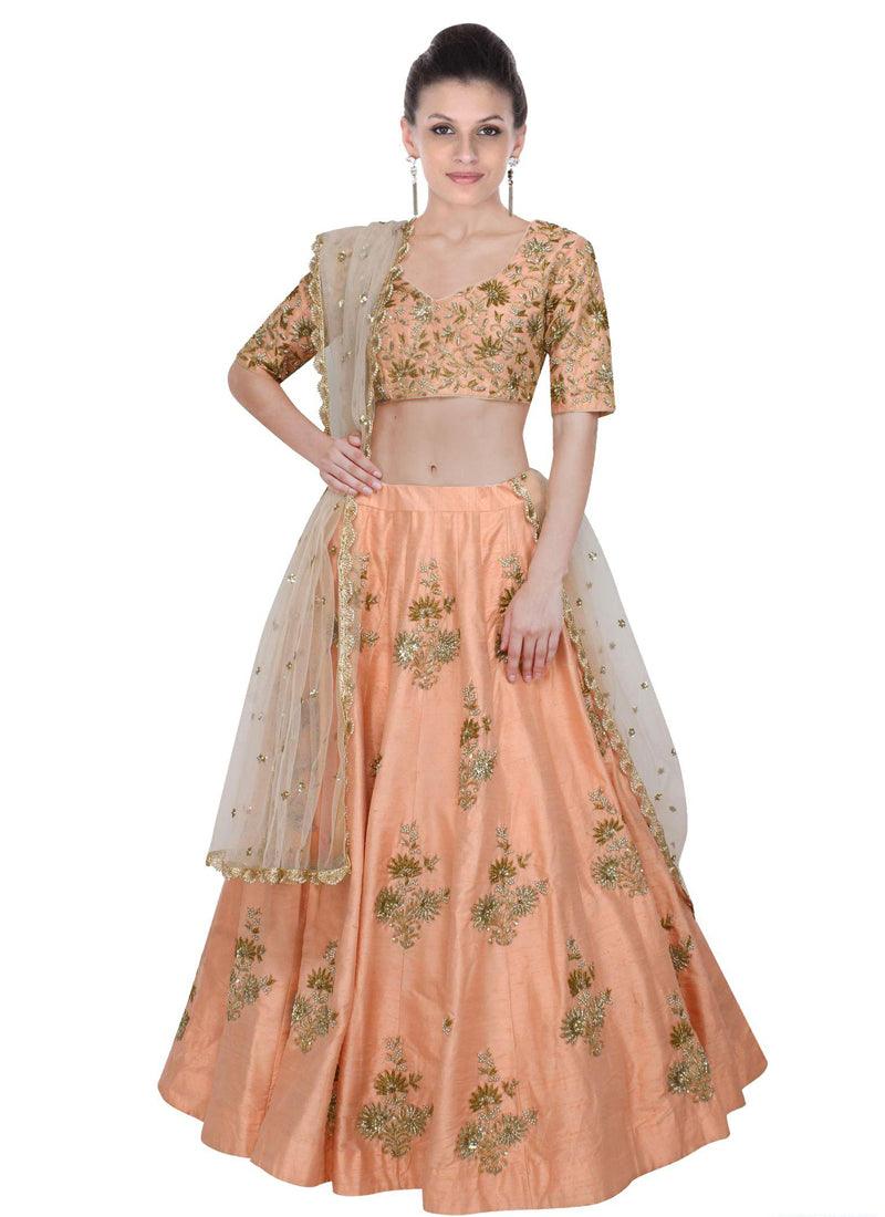 Peach Elegance Lehenga Choli With Light Beige Net Dupatta Cheap With Credit Card