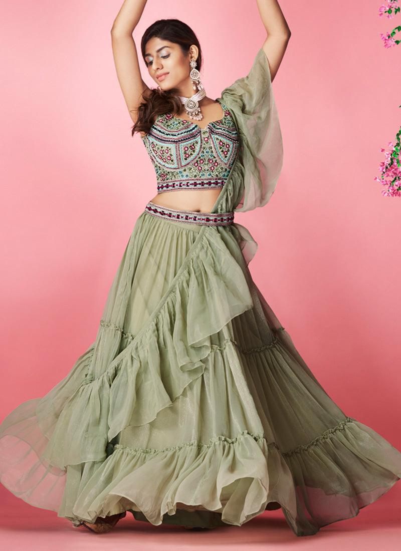 Olive Green Color Sleeveless Hand Work Blouse With Chiffon Fabric Lehenga Pices Cheap Online