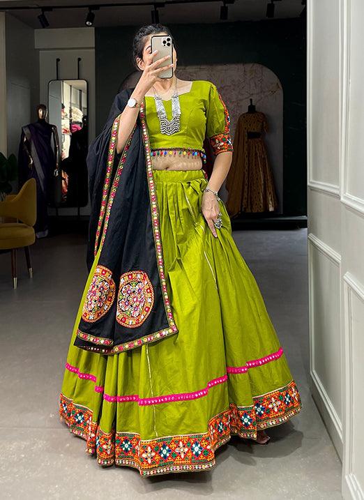 Parrot Green Pure Cotton Navratri Lehenga Choli With Gamthi & Foil Mirror Work Store Online