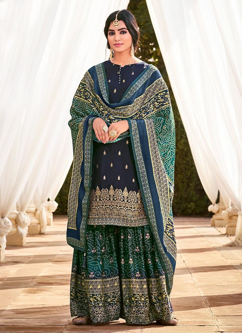 Digital Printed Navy Blue Silk Weave Sharara Suit With Matching Dupatta Sale Finishline