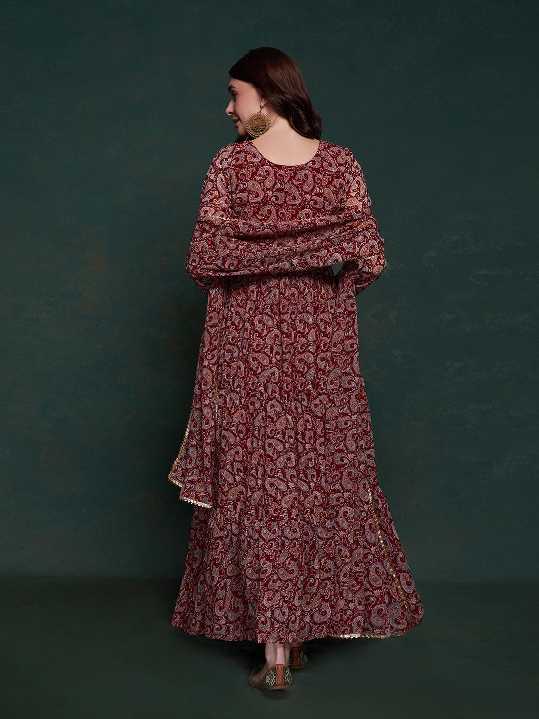 Maroon Georgette Gown Dress with Printed Design Cheap Sale Tumblr