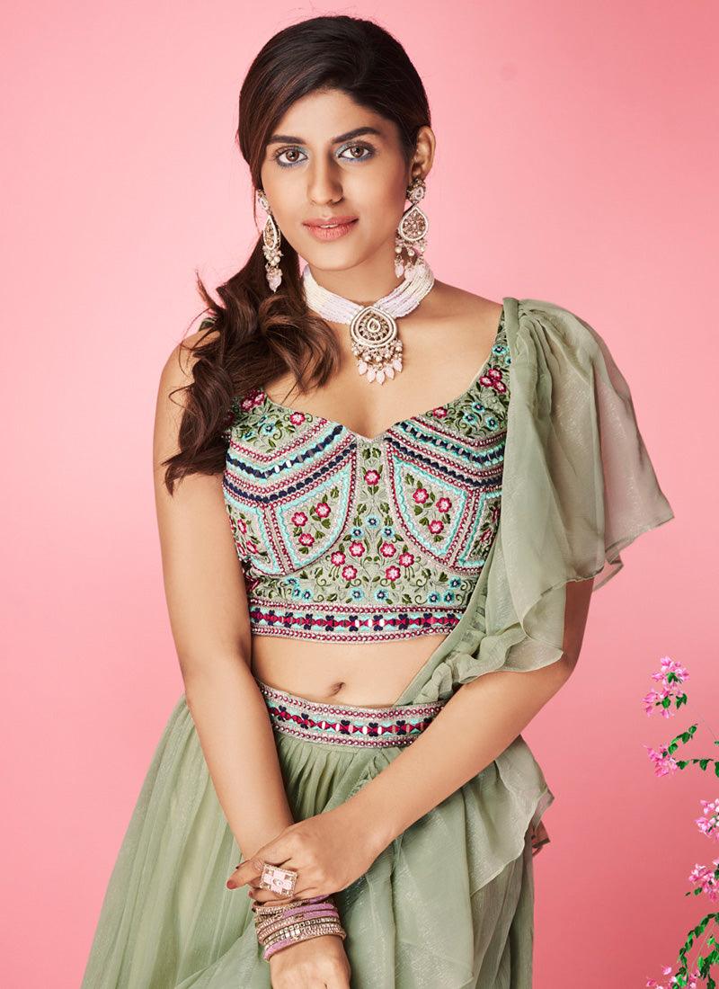 Olive Green Color Sleeveless Hand Work Blouse With Chiffon Fabric Lehenga Pices Cheap Online