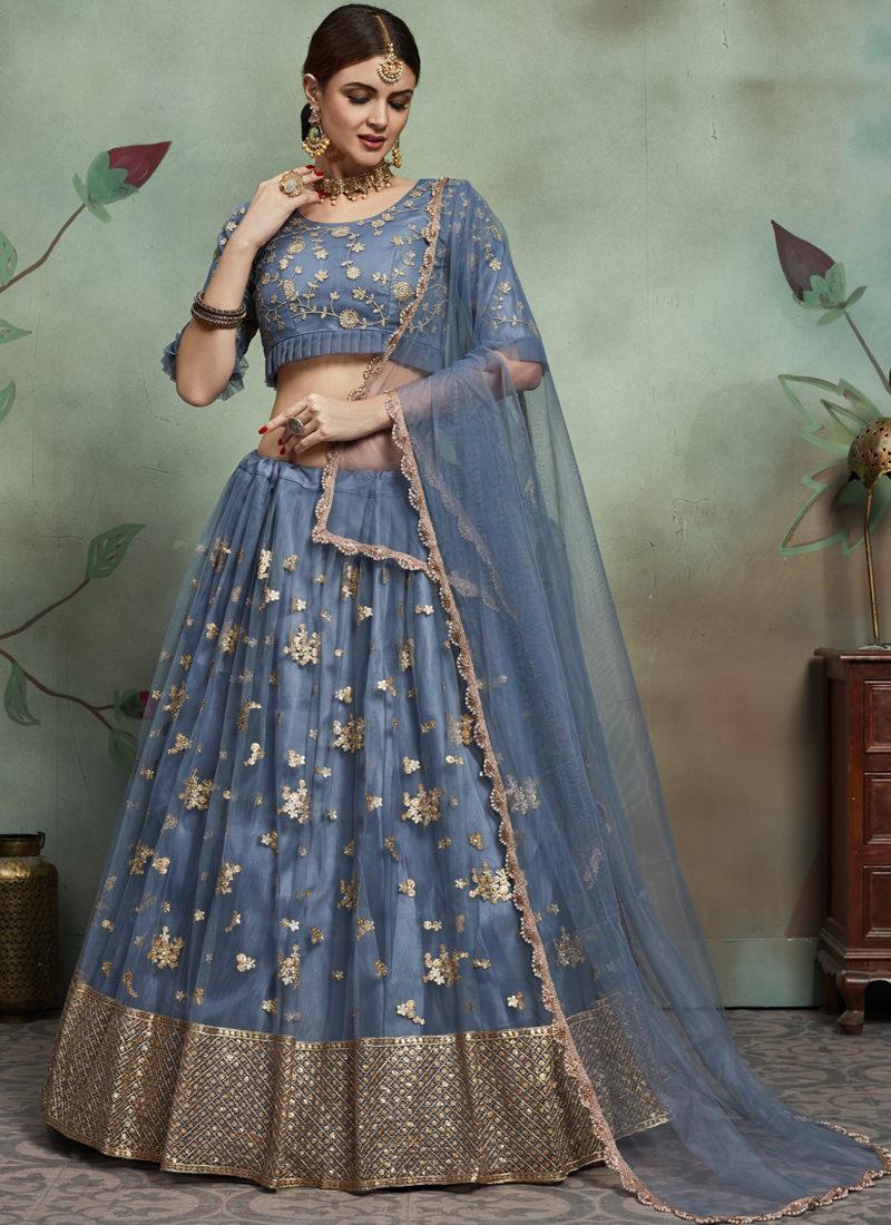 Glossy Grey Color Soft Net Base Embroidered Fared Lehenga Choli Sale High Quality