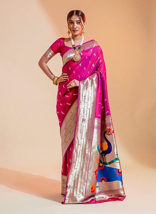 Pink Zari Weaving Pure Paithani Silk Saree Amazon Online