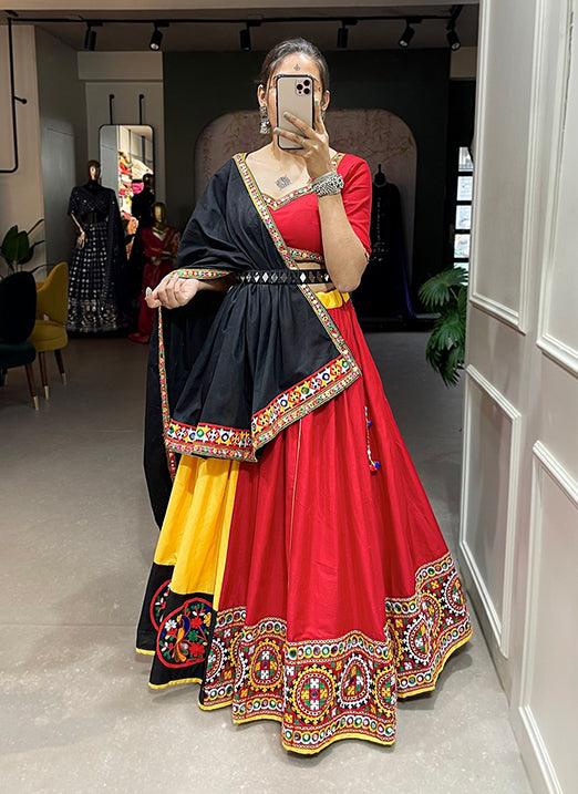 Red and Yellow Gamthi Mirror Work Vibrant Navratri Lehenga Choli Cheap Sale Manchester