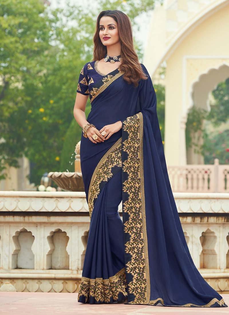 Elegant Silk Fabric Navy Blue Color Laced Border Embroidered Saree Get To Buy For Sale