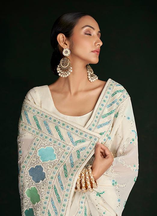 Lovable White Georgette Saree with Lucknowi Embroidery Free Shipping For Sale