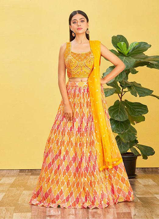 Yellow Chinnon Lehenga Choli with Real Mirror & Zari Sequin Embroidery Geniue Stockist