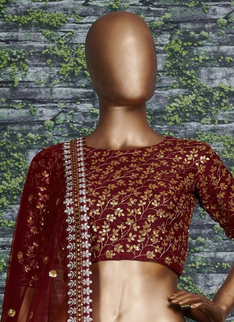 Vine Pattern Maroon Lehenga Choli With Dupatta Set Buy Cheap Hot Sale