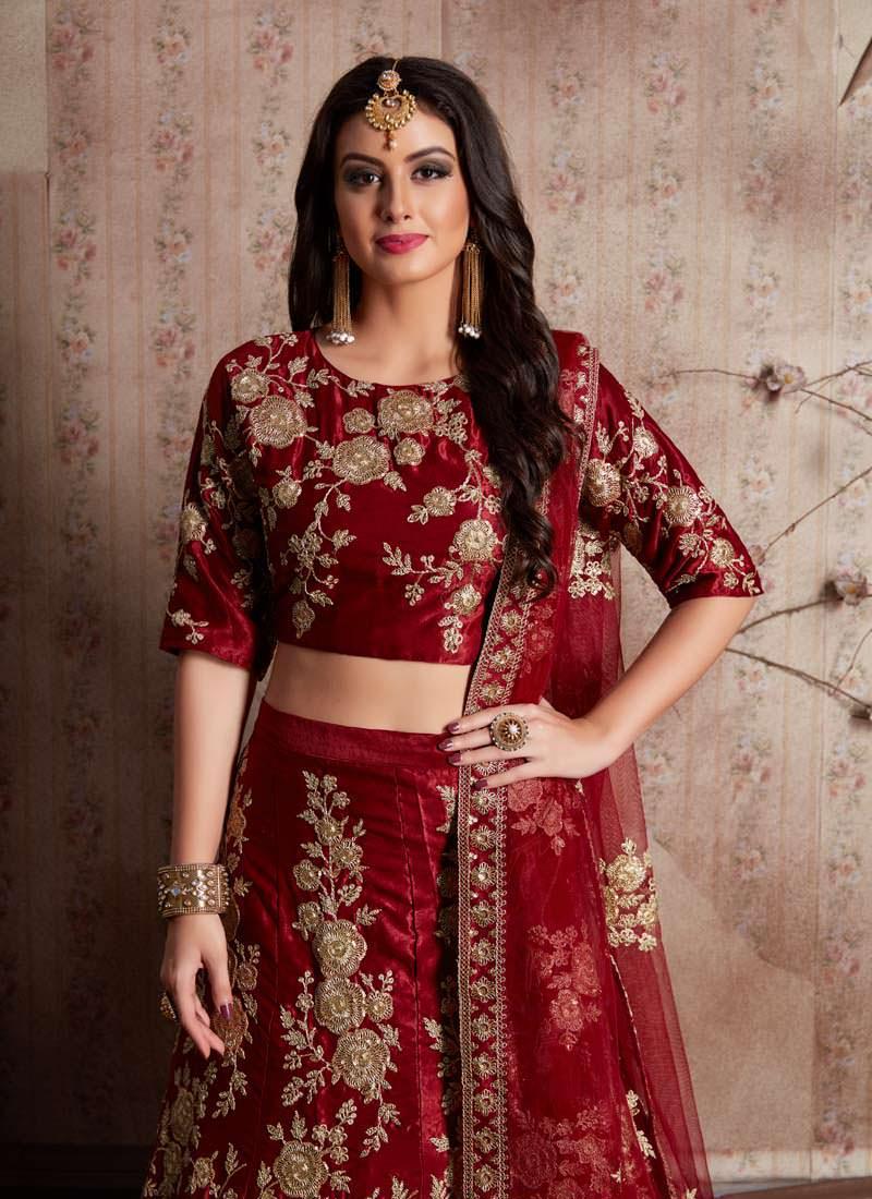 Maroon Dori Work Velvet Lehenga Choli And Dupatta Set Get To Buy Cheap Online