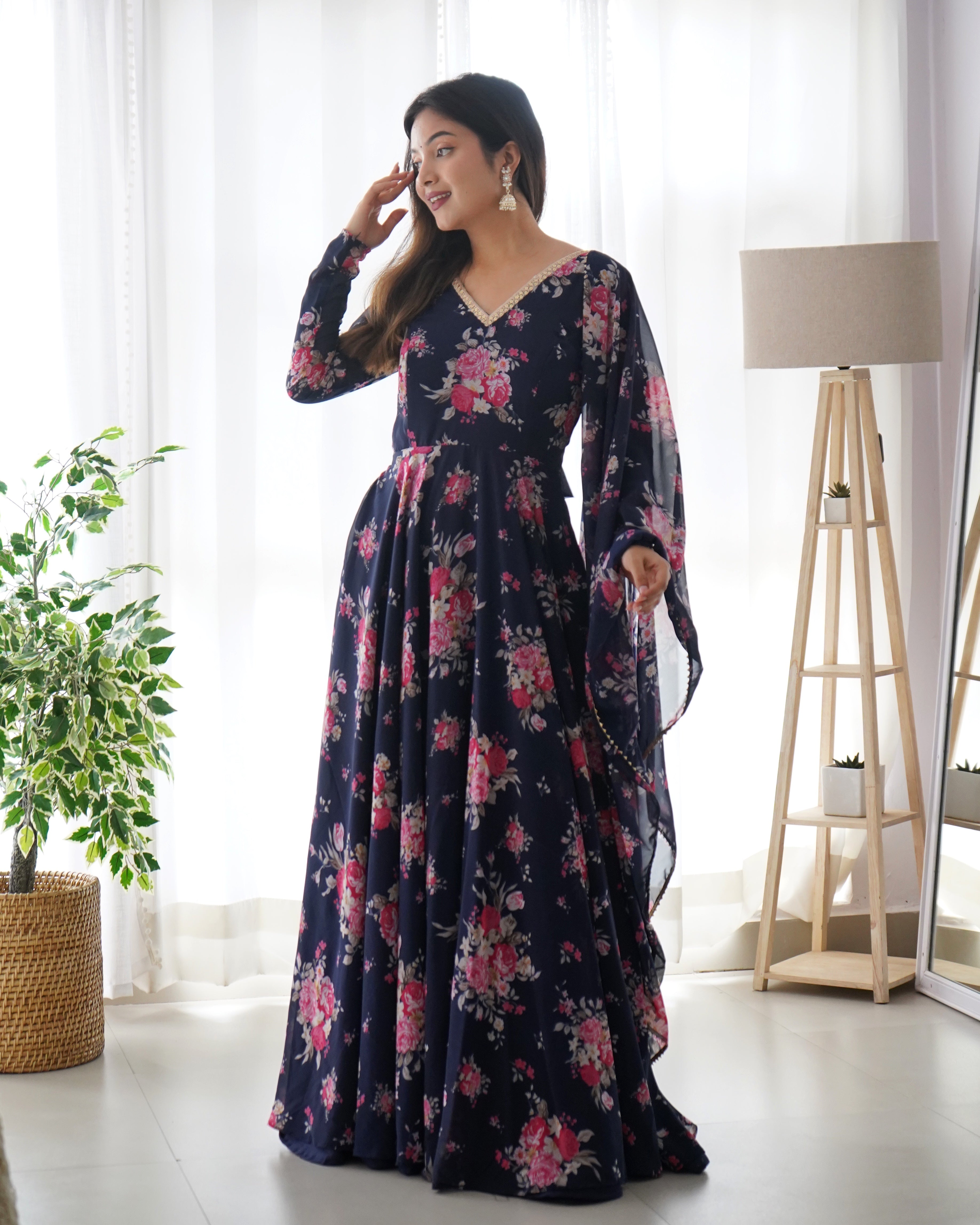 Navy Blue Faux Georgette Floral Digital Printed Anarkali With Dupatta Cheap Sale Tumblr