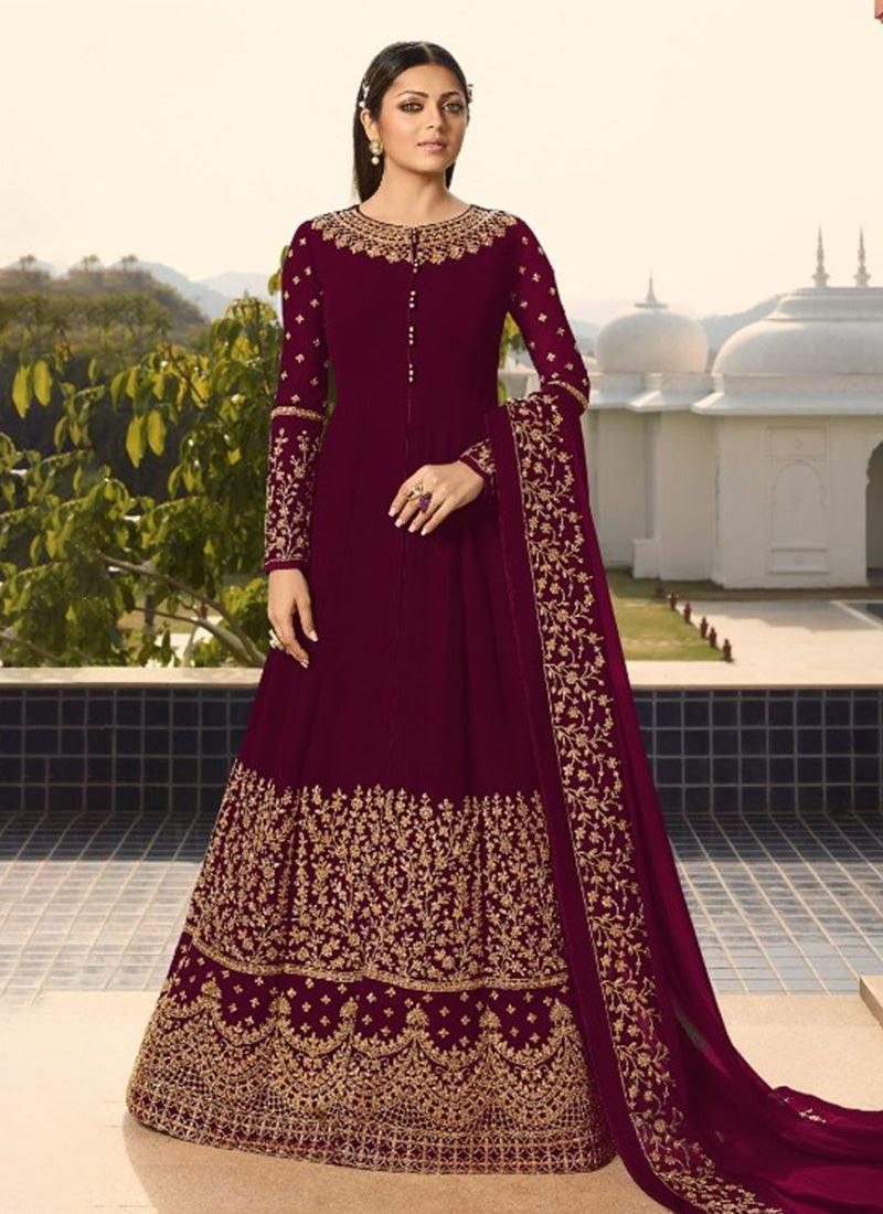 Dark Purple Georgette Base Wedding Wear Embroidery Work Anarkali Suit Outlet Fashionable