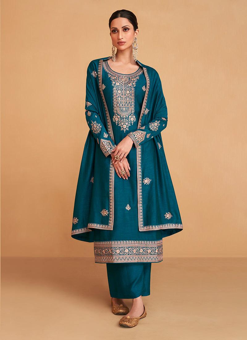 Silk Base Rama Blue Palazzo Suit With Sequins Zari Work Sale In China