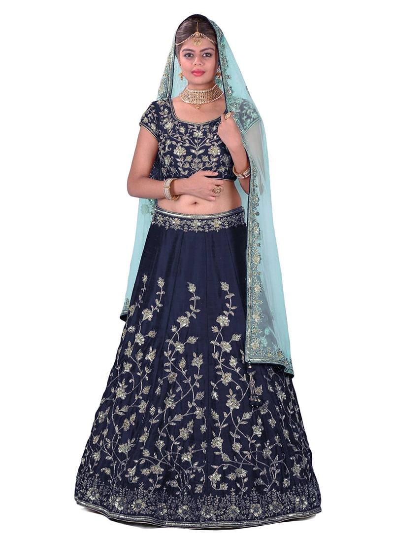 Navy Blue Banglori Silk Lehenga Choli With Applique Embroidery Work Cheap Sale How Much