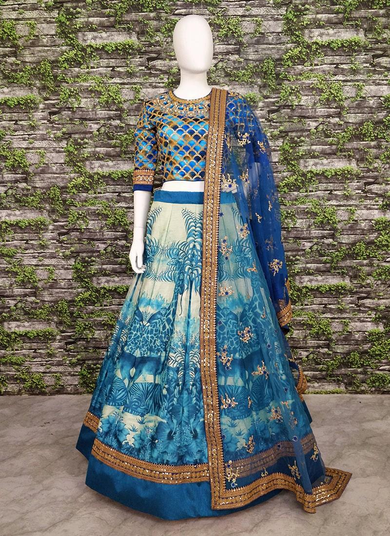 Glamours Blue Wedding Wear Digital-painted and embroidered Lehenga Choli Discount Great Deals