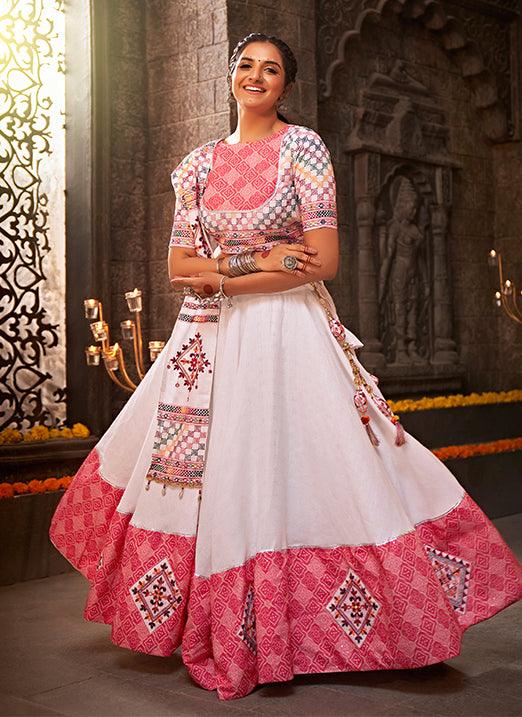 White With Pink Gamthi Mirror Work Navratri Lehenga Choli Clearance Explore