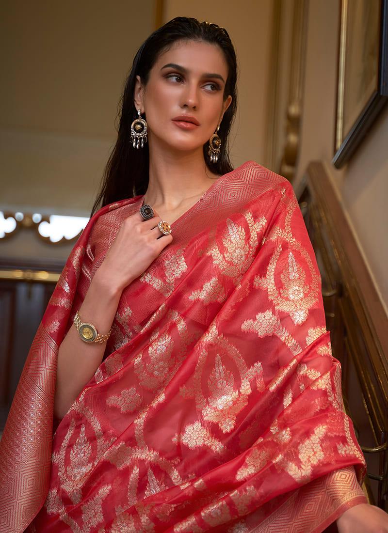 Zari Weaving Red Two Tone Organza Saree Newest