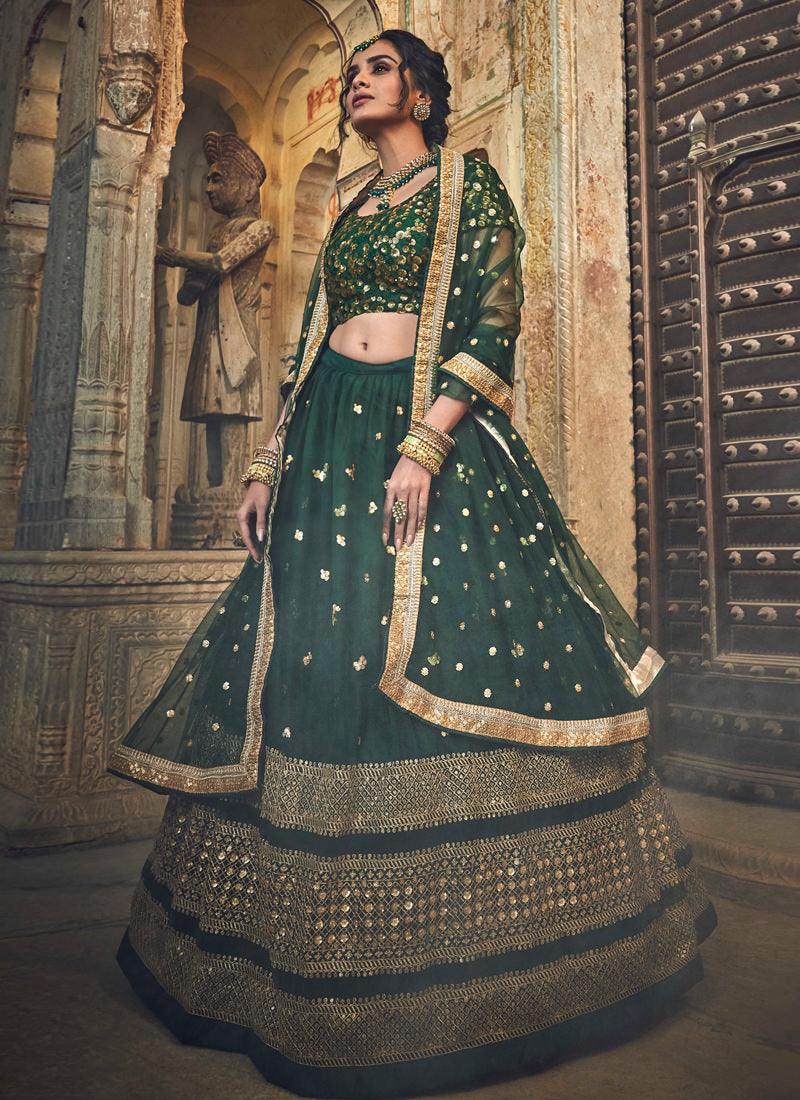 Green Soft Net Zari Work Sangeet Flared Lehenga Choli Sale Great Deals