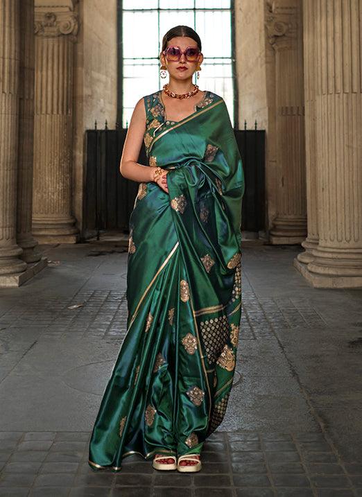 Green Pure Satin Handloom Weaved Saree from Paris Edition Sale Pick A Best