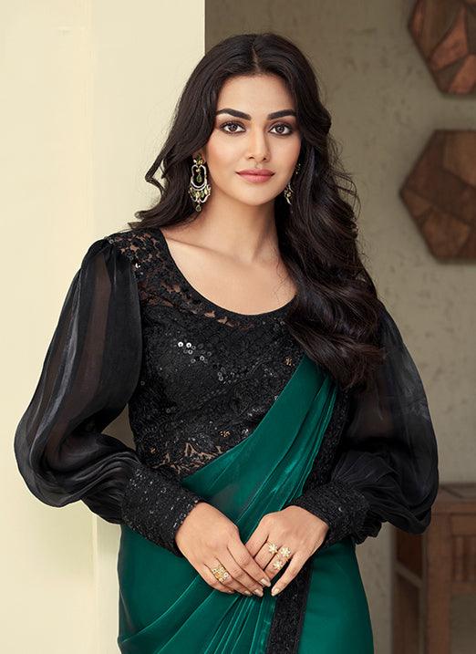 Bottle Green Silk Party Wear Saree with Puff Sleeves Blouse Best Pices Sale Online