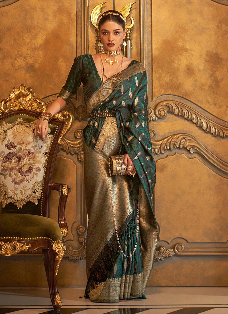 Handloom Weaving Dark Green Pure Satin Saree Low Cost Sale Online