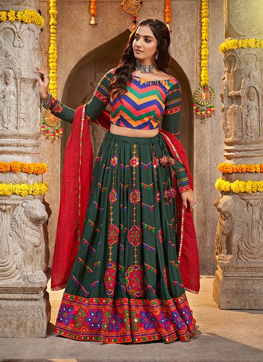 Navratri Special Green Viscose Rayon Thread Embroidered Lehenga Choli with Mirror Work Cheap Very Cheap